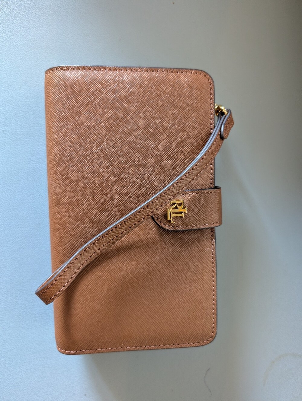 Ralph Lauren Cognac Saffiano Leather Wristlet